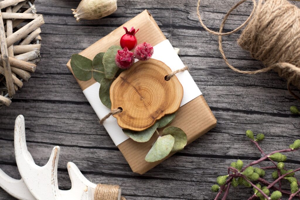 Wrapped gift on wooden table